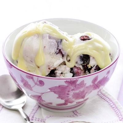 bosbessen walnoot swirl bevroren yoghurt met witte chocolade motregen