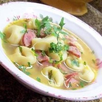 champignons, prei, kippenworst en tortellini soep