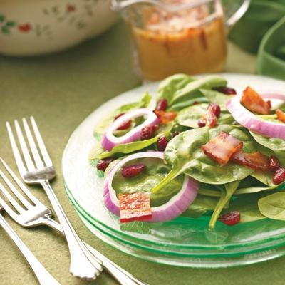 cranberry spinazie salade met honing dijon spek dressing