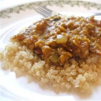 kokos-curry linzenstoofpot geserveerd over quinoa