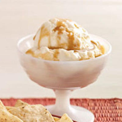 ingevroren vanille-yoghurt met karamelsaus