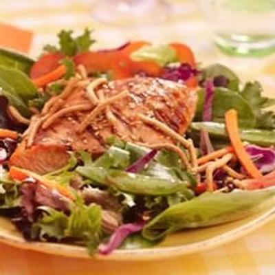 gegrilde zalm, snap erwten en lente mix salade met chow mein noedels