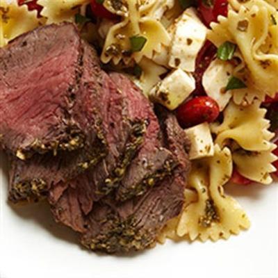 caprese bizon entrecote met vlinderdas pasta