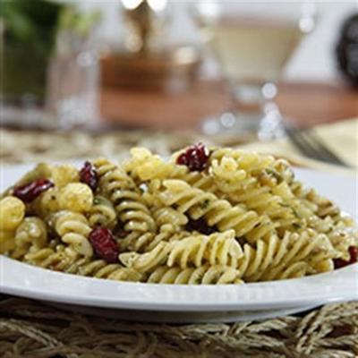 glutenvrije rotini met een verkoolde groene uipesto, geroosterde cashewnoten en veenbessen