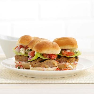 Chicken Little Burgers with Basil Pineapple Feta Salsa and Roasted Red Pepper Mayonnaise