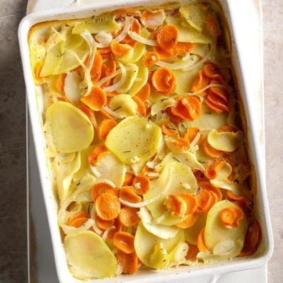 wortel, pastinaak en aardappelgratin met rozemarijn
