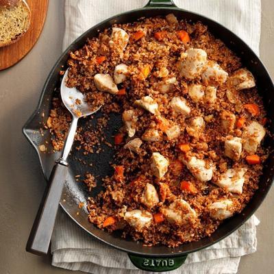 kip, bulgur en walnoot koekepan