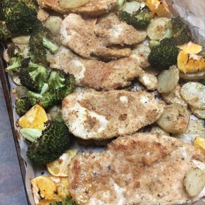 bladpan citrus en salie kip met geroosterde broccoli en aardappelen