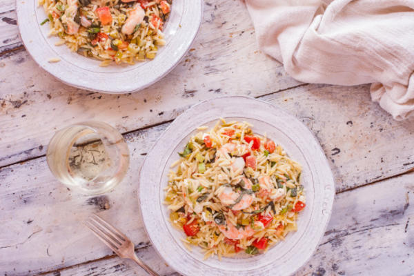 basilicum garnalen met feta en orzo