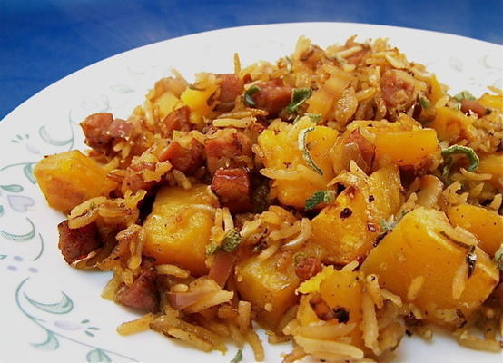 butternut squash, rijst en worst braadpan