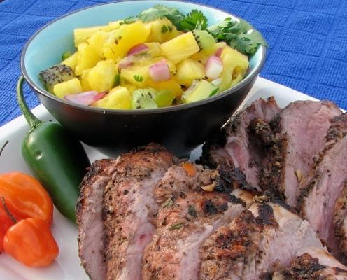 v's gegrilde varkensvlees varkenshaas en ananas mango-kiwi salsa