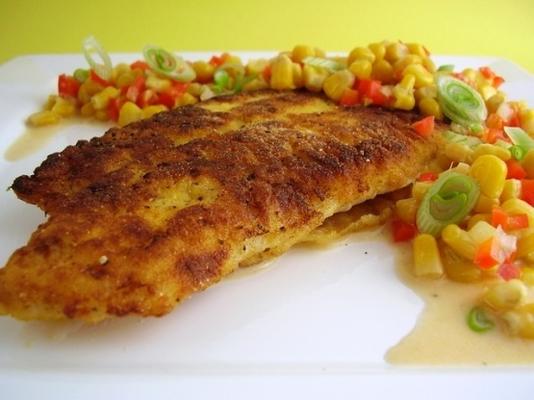 zuid-mager gegratineerde meerval met knapperige corn relish