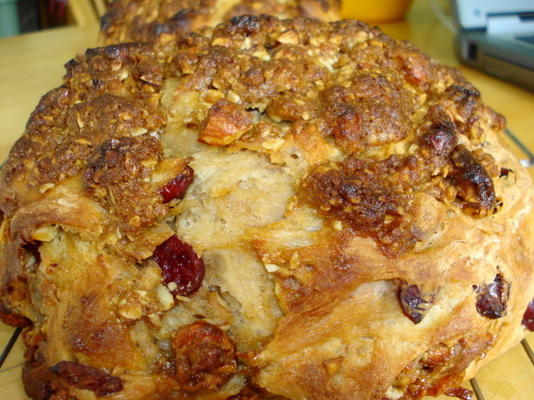 knapperig cranberrybrood met karamelamandelen (bijna geen kneden)