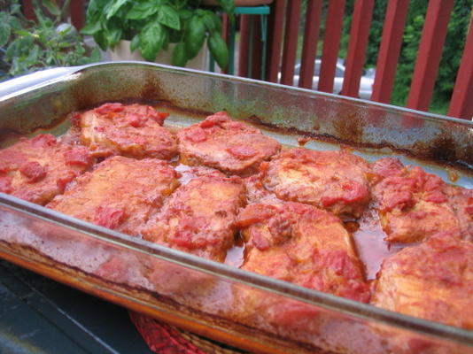 peachy pikant varkensvlees bakken - oven bakken of barbecue