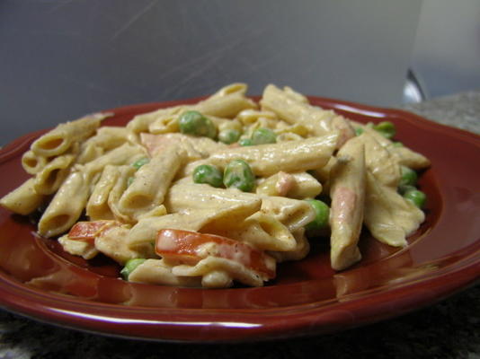 zwartgeblakerde kip met penne pasta