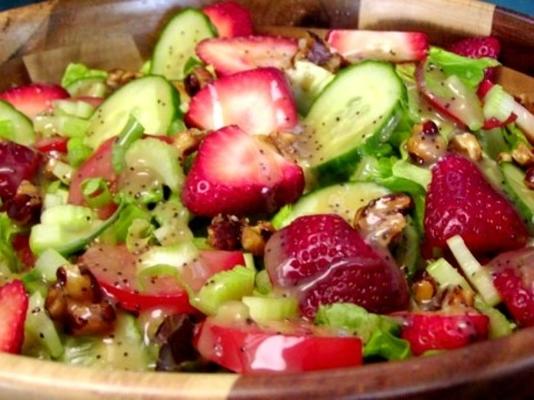 babygreens met aardbeien met een maanzaaddressing