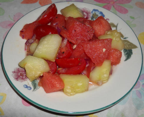 watermeloen, cherrytomaat, rode ui en komkommersalade
