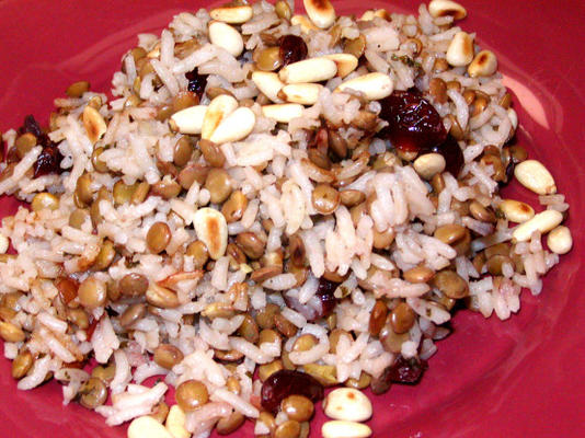 rijst, linzen en gedroogde veenbessen gegarneerd met pijnboompitten