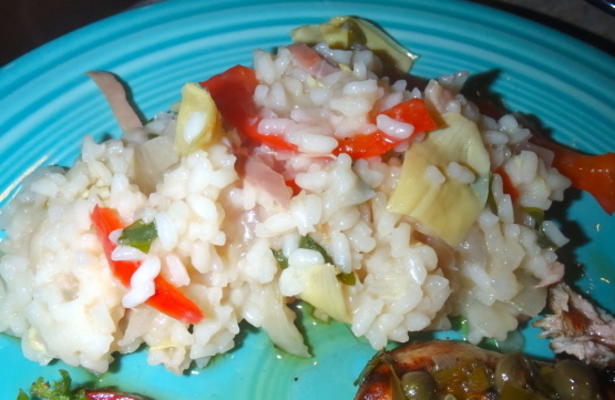 risotto met artisjokharten, prosciutto en rode paprika