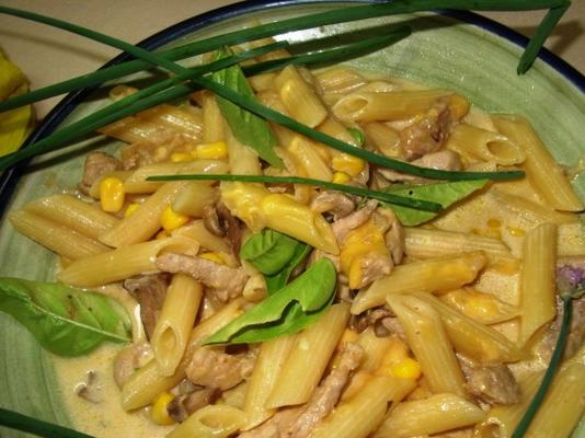 pasta met varkensvlees, maïs en cheddar