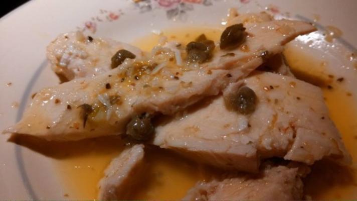 Poached Chicken in Olive Oil, Garlic, and Green Peppercorn Sauce