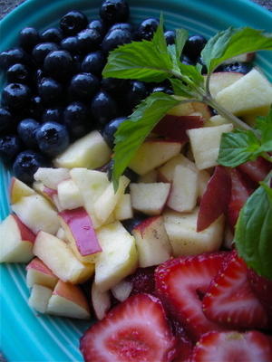 de fruitsalade van het gezin met de rode, witte en blauwe bes