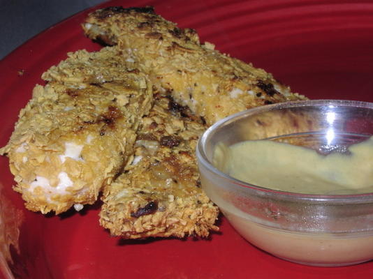 vetarme cornflake chicken tenders met honingmosterdsaus