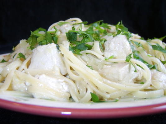 mock chicken fettuccine alfredo met volkoren linguine