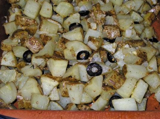 mosterd gebakken aardappelen met olijven
