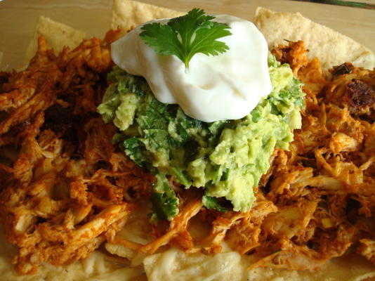 gebraden kip-chipotle nachos met koriander-avocado crema