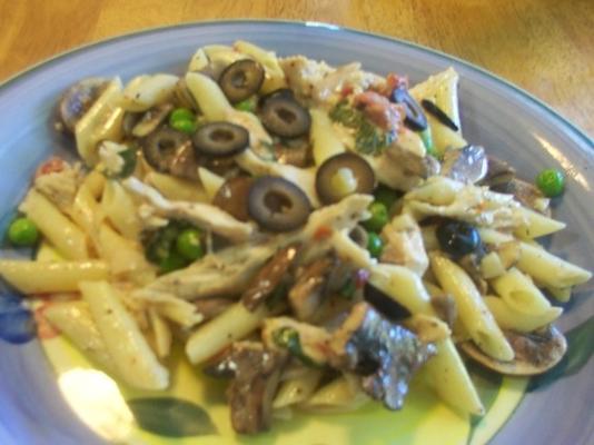 lichte penne met zongedroogde tomaten en kip