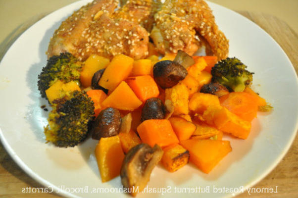 citroengeel geroosterde butternut squash, champignons, broccoli, wortelen