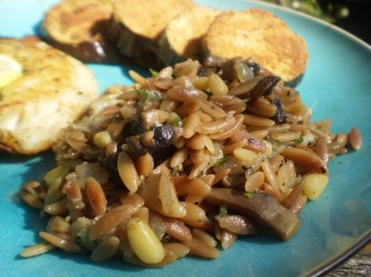 paddenstoel orzo risotto met pijnboompitten