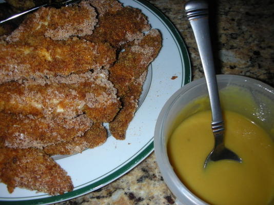 gebakken pikante kip met honing-mosterd saus
