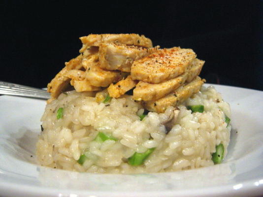 paddenstoelasperge risotto met knapperige kip