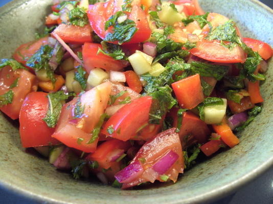 tomaat en muntsalade met granaatappeldressing