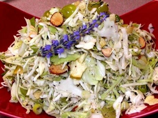 koolsalade met druiven, knapperige appelchips en amandelen