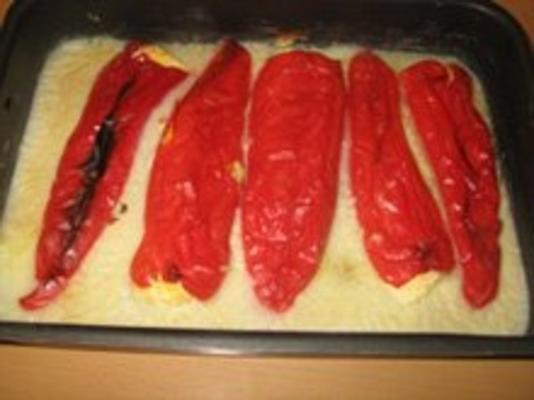 Bulgaarse gevulde rode paprika's met witte saus