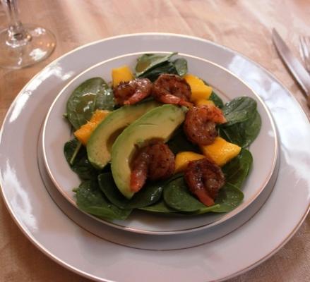 salade van garnalen, mango en avocado met een zoete en pittige dressing