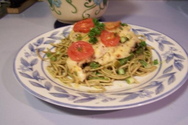 super plantaardige pesto pasta met pan aangebraden oven geroosterde kip