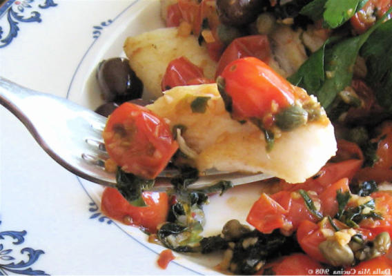 orange roughy met gebakken olijven, kappertjes en tomaten