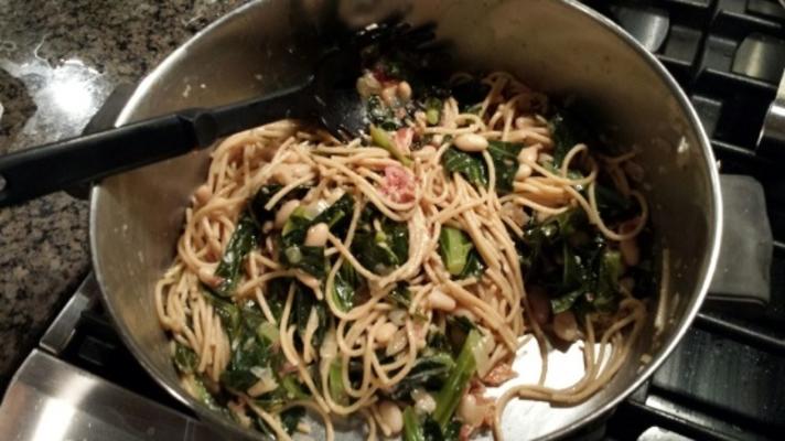 volkoren pasta met greens, bonen en pancetta