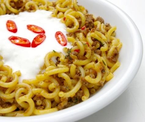 gehakt en macaroni met een yoghurt-knoflooksaus