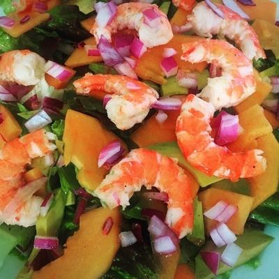 salade van garnalen, papaja en avocado