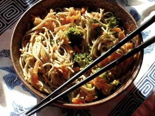 gekruide broccoli en soba noodle roerbakken