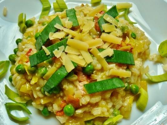 prei, bacon en erwtenrisotto