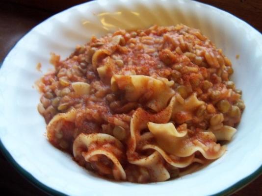 koshari - linzen en rijst met tomatensaus