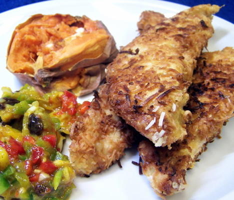 kokosnoot kip met mango salsa, kaneel boter zoete aardappelen