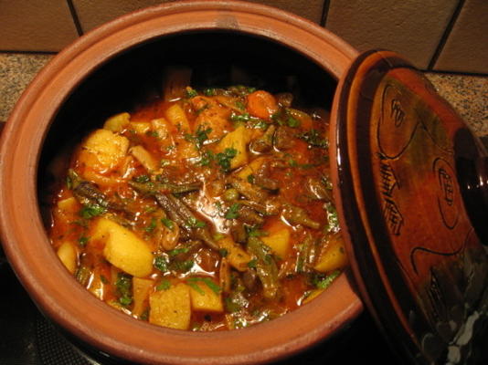 Bulgaarse guvech- plantaardige braadpan met vlees in een aarden pot -