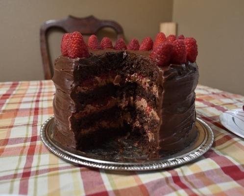 decadente vijfvoudige chocolade frambozenlaag cake
